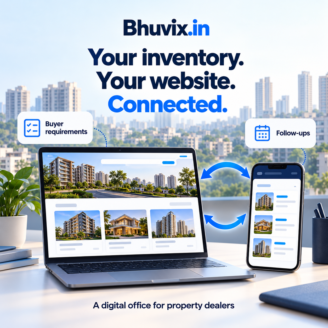 Bhuvix.in digital property office illustration showing a phone with properties, customers, follow-ups and Ask AI.